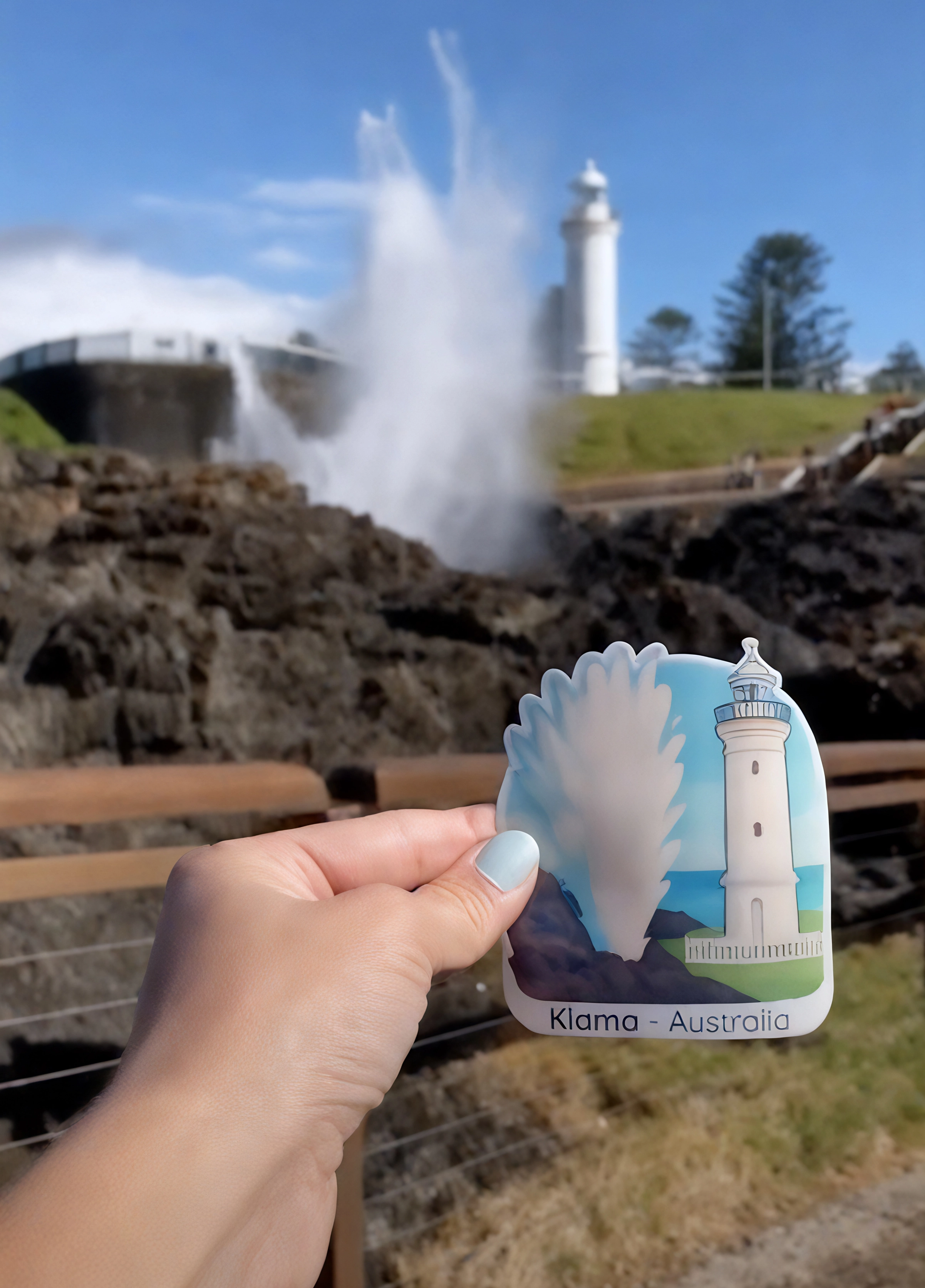A hand holding a sticker of the Kiama blow hole and light house in front of the real Kiama blow hole and light house
