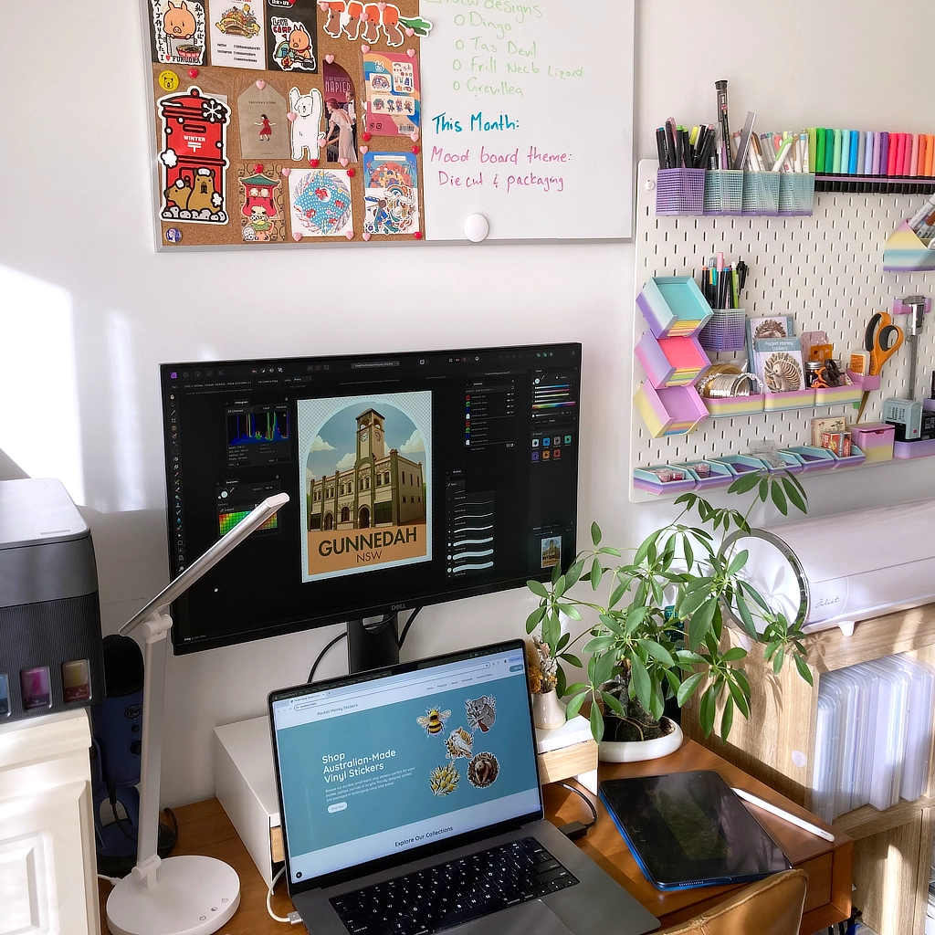 Pocket Money Stickers studio workspace with sticker designs