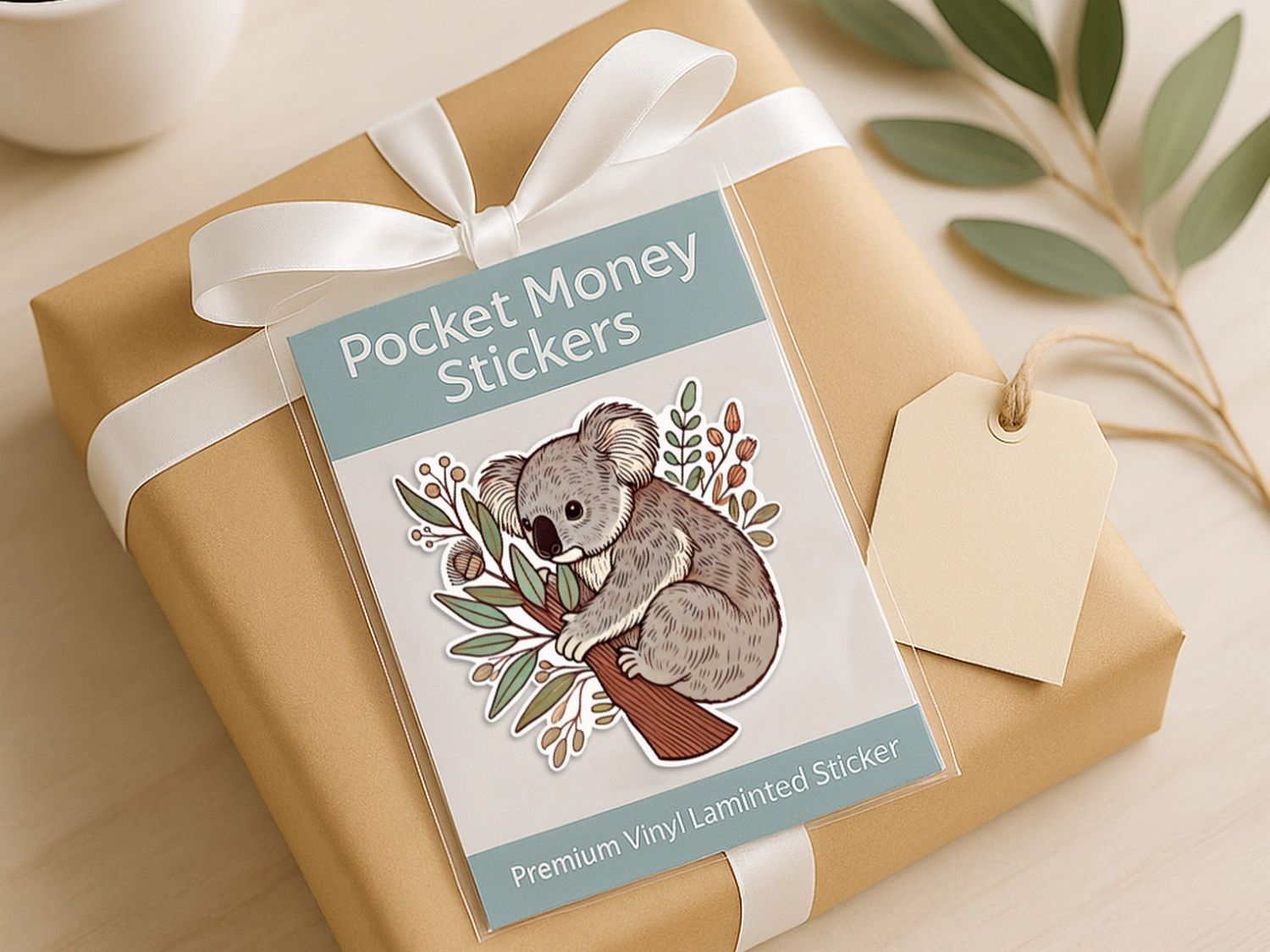 A gift wrapped in brown paper with a vinyl koala sticker pack on the front as a gift add on