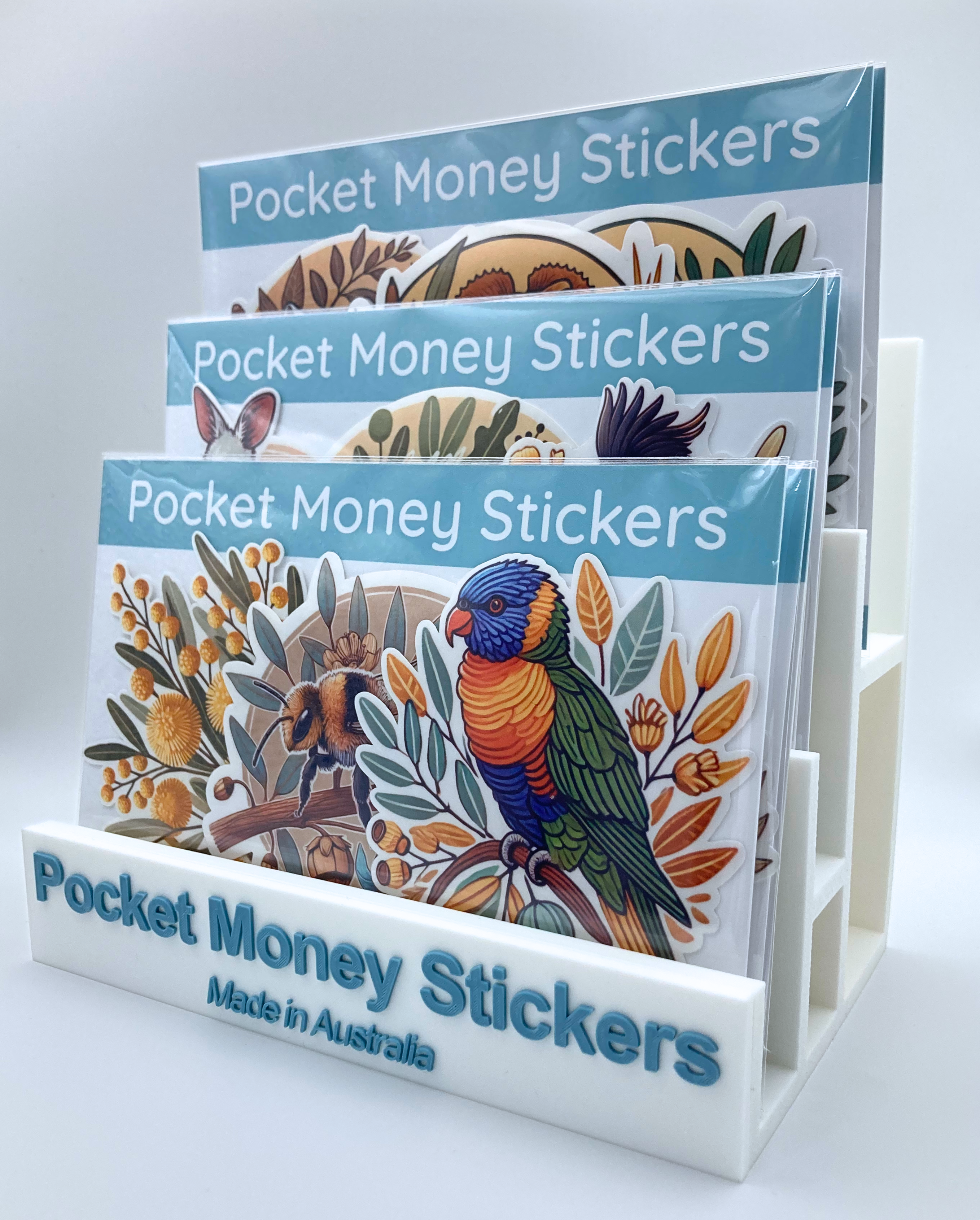 display stand holding 3-Sticker Packs